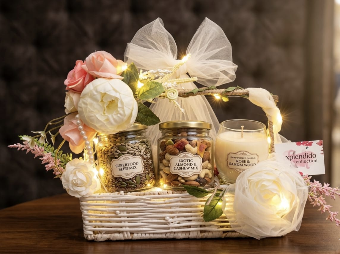 Curated gift hamper by Xplendido featuring luxury handcrafted candles and gourmet treats for any occasion.